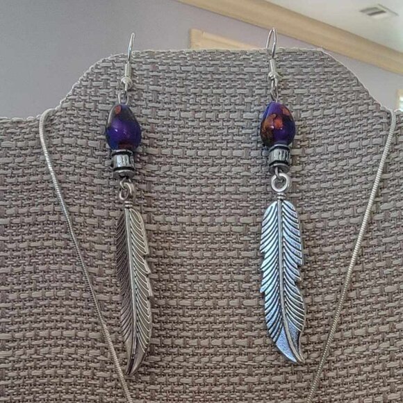 Feather Silver Pewter Pendant Stainless Steel Chain Necklace 20" Feathers Set - Picture 4 of 6